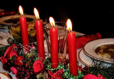 Close-up of illuminated candles on table