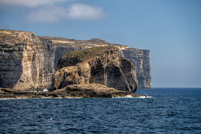 Rock formations by sea against sky