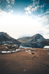 Scenic view of snowcapped mountains against sky