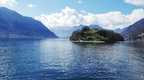 Scenic view of lake and mountains against sky