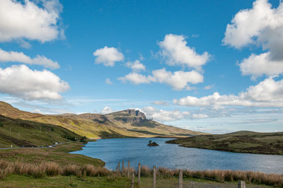 Panorama of loch leathan and old man of storr rock formations, isle of skye, scotland