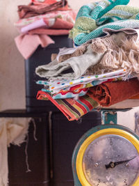 Close-up of multi colored fabric on instrument of measurement