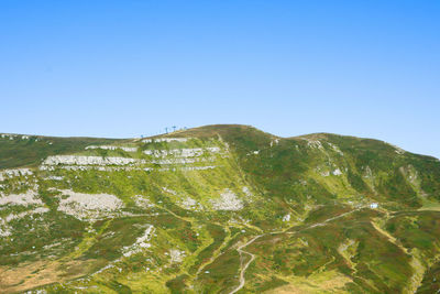 Scenic view of mountains against clear blue sky