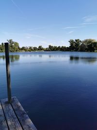 Scenic view of lake against blue sky