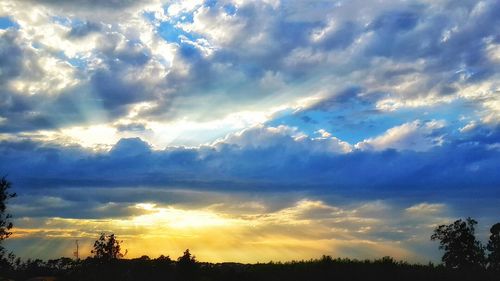 Silhouette of trees on field against cloudy sky