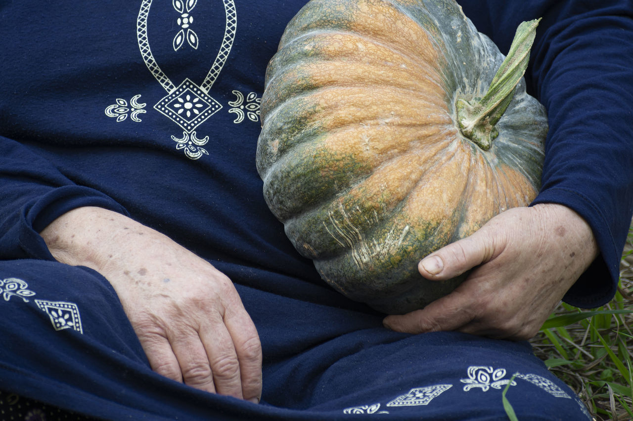 MIDSECTION OF MAN HOLDING PUMPKIN WHILE SITTING
