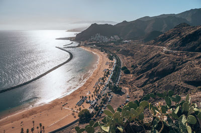 Scenic view of sea and mountains against sky