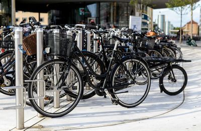 Bicycles parked in front of wall