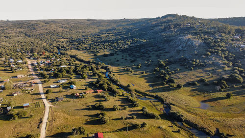 High angle view of a valley against sky