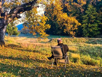 Rear view of man sitting on chair at park