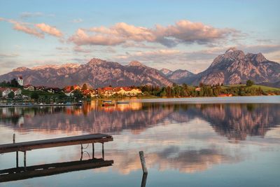 Scenic view of lake by mountains against sky