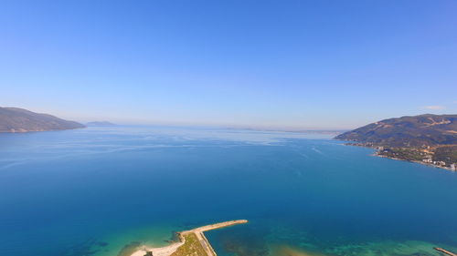 Panoramic view of sea against clear blue sky