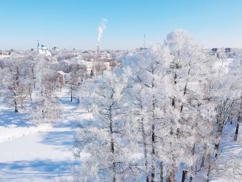 Snow covered trees on field against sky