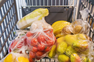 High angle view of fruits for sale at market stall