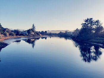 Scenic view of lake against clear blue sky