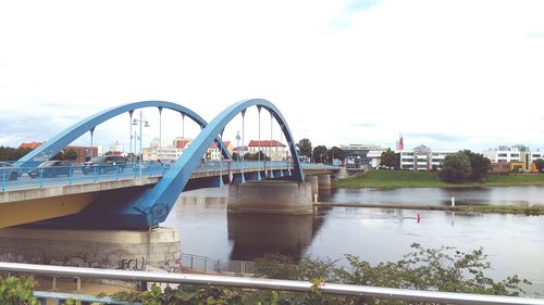 Bridge over river with city in background