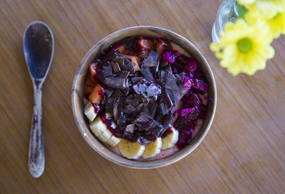 High angle view of food in bowl on table