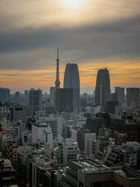 Aerial view of buildings in city during sunset