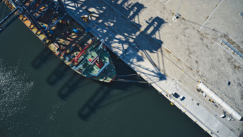 High angle view of boats moored in river