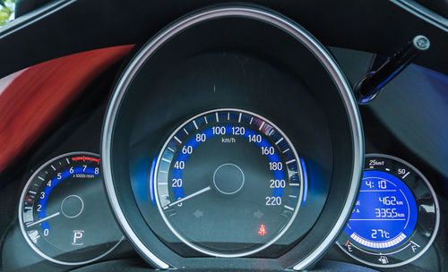 Close-up of speedometer in car