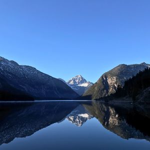 Scenic view of lake and mountains against clear blue sky