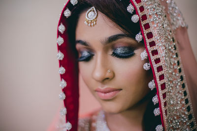 Close-up of beautiful woman wearing sari