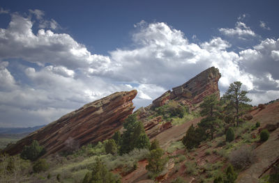 Low angle view of red rock formation against sky