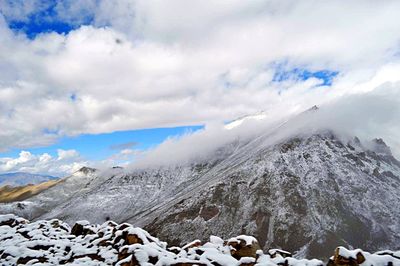 Scenic view of mountains against cloudy sky