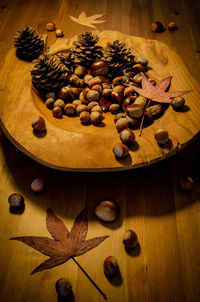 High angle view of fruits in plate on table