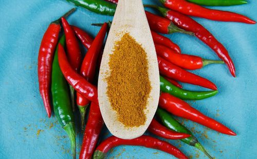 Close-up of red chili peppers on table