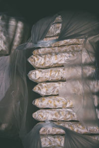 Close-up of stack of food in kitchen