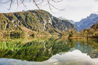 Scenic view of lake and mountains against sky