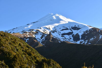 Scenic view of snowcapped mountains against clear sky