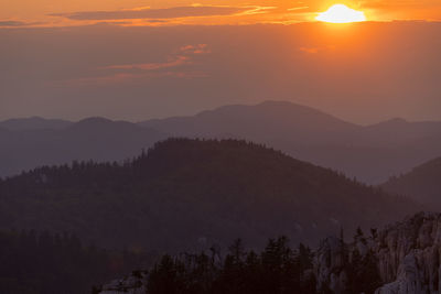 Scenic view of mountains against sky during sunset