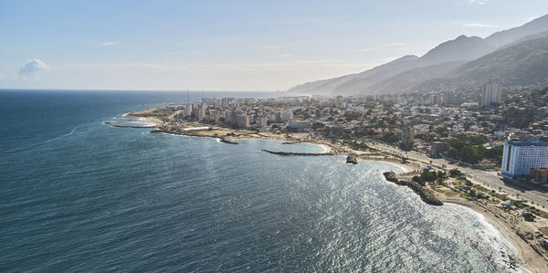 Aerial view of the coastline highway in los corales, caraballeda, venezuela. drone view of la guaira 