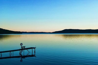 Scenic view of lake against clear blue sky