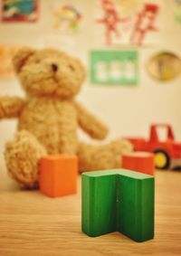 Close-up of toys on table at home