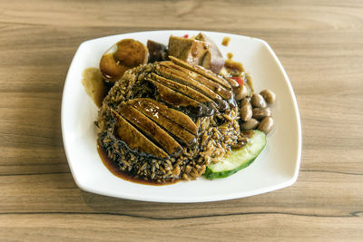 High angle view of food in plate on table