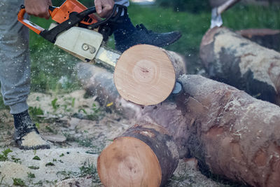 Low section of man working on log