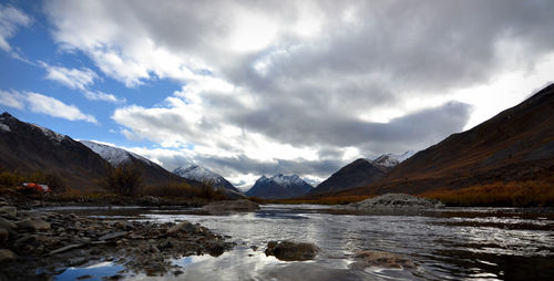 Scenic view of lake and mountains against sky