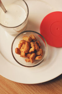 High angle view of breakfast served on table