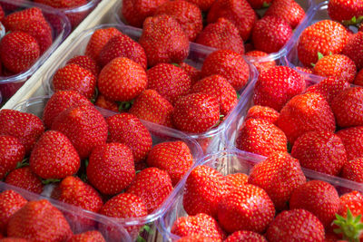 Full frame shot of strawberries in containers at market for sale