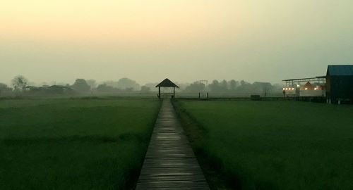Walkway amidst field against sky during foggy weather