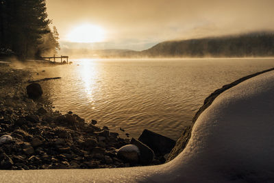 Scenic view of lake against sky at sunset