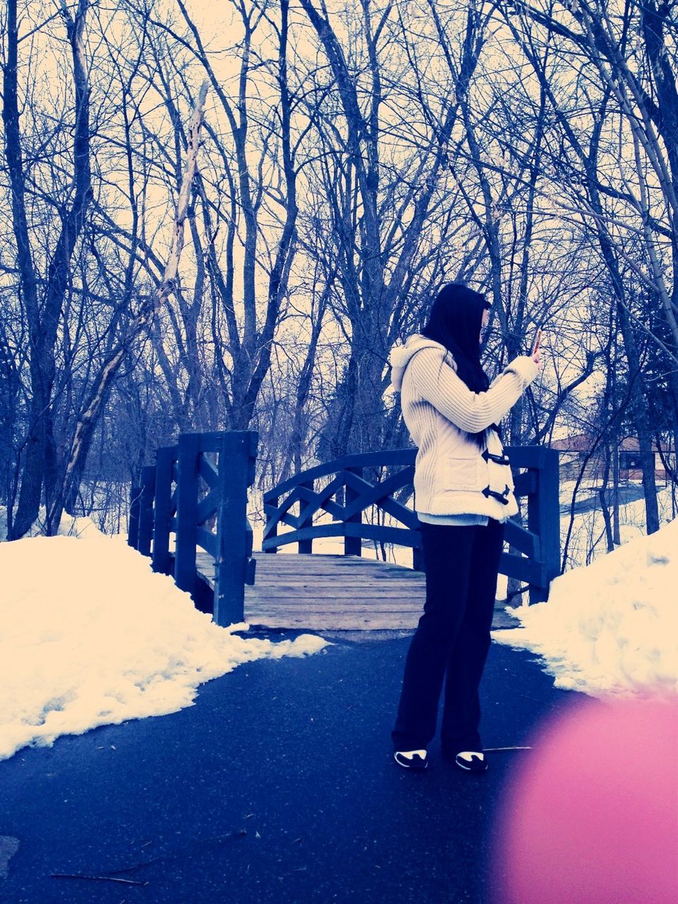 winter, snow, cold temperature, full length, season, tree, lifestyles, bare tree, leisure activity, rear view, weather, walking, warm clothing, standing, covering, shadow, nature, branch