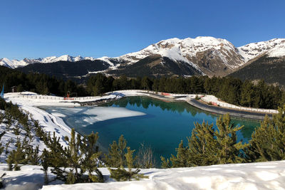 Scenic view of snowcapped mountains and lake against blue sky