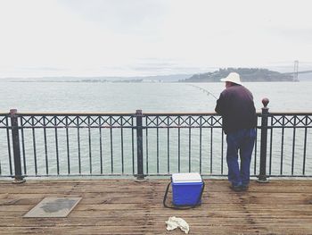 Rear view of man standing on pier