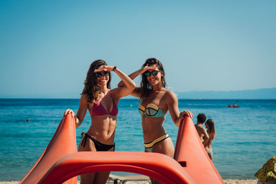 Portrait of friends enjoying at beach against sky