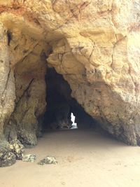 Rear view of woman on rock at seaside