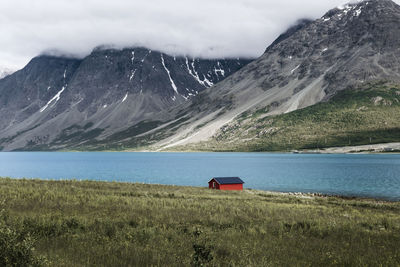 Scenic view of lake against mountain range